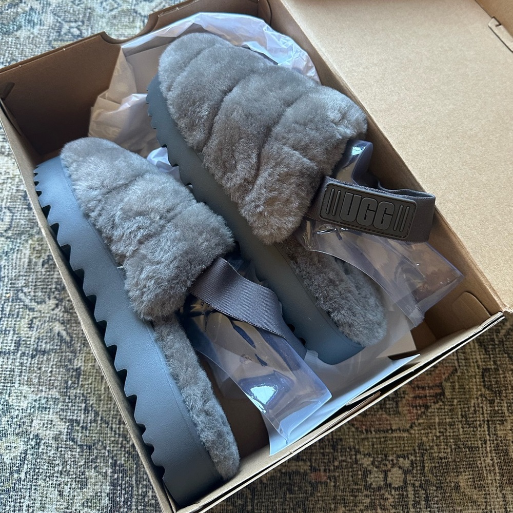 Ugg Super Fluff Slipper Grey Sz 7 Closed Toe Slingback